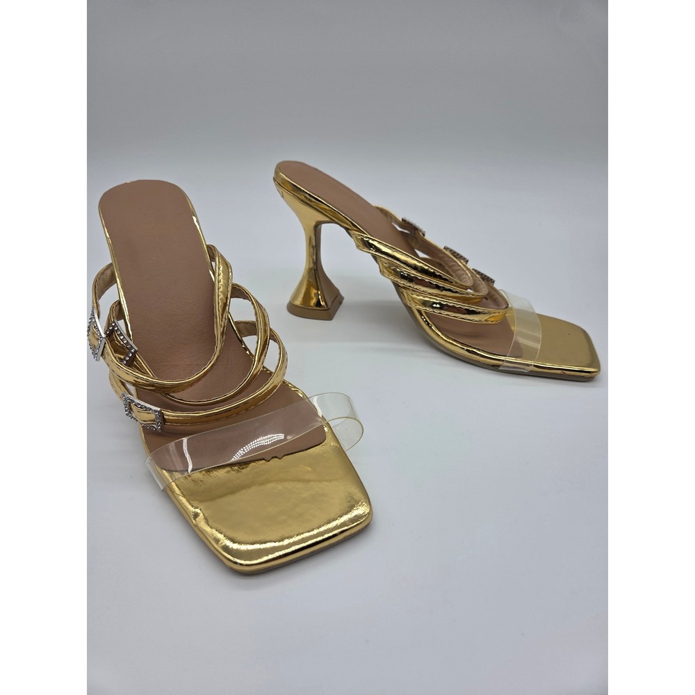 Womens Mule Sandals Gold  7 Excellent Metallic Rhinestone Square Toe Flared Heel